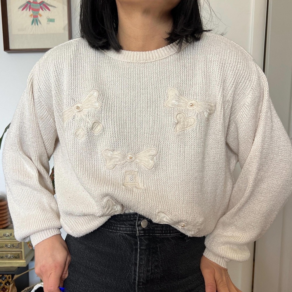 Vintage 80s‎ Cream Bow Applique Sweater Oversized Romantic Pearl Slouchy Top M